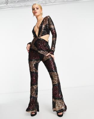 Amy Lynn embellished wide leg jumpsuit in swirl print-Black