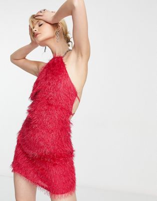 Amy Lynn faux feather halter neck mini dress in fuschia pink