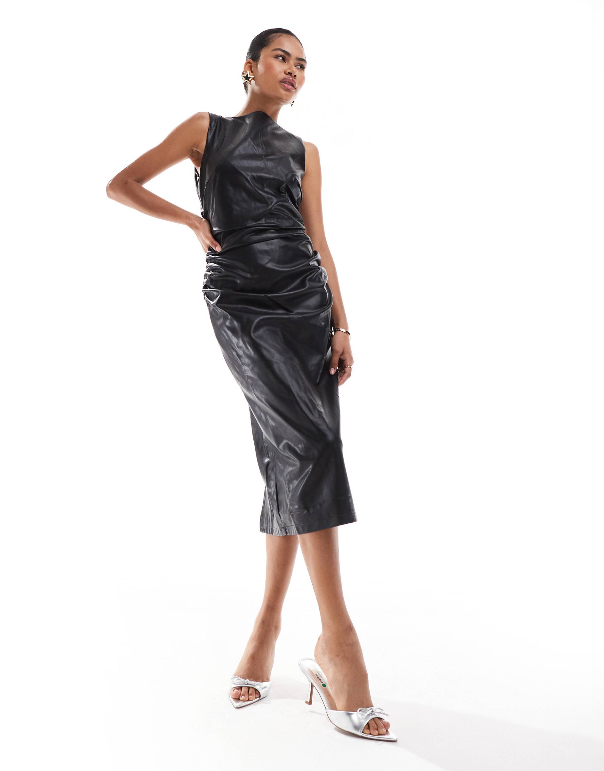 amy lynn faux leather slash neck midi dress with back slit in black