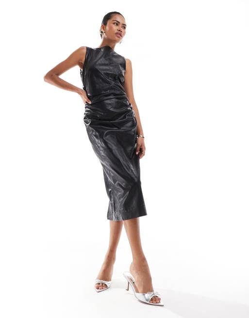 Amy Lynn faux leather slash neck midi dress with back slit in black