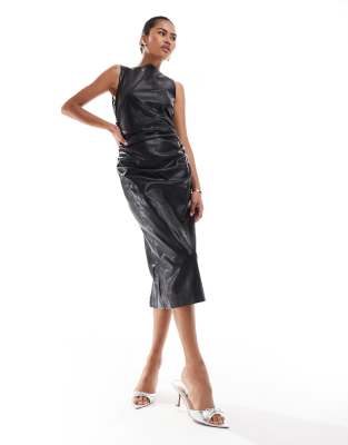 Amy Lynn faux leather slash neck midi dress with back split