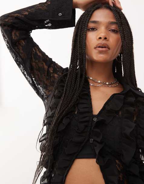 Amy Lynn frill detail lace shirt in black - view 1