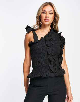 Amy Lynn frill one shoulder top in black | ASOS
