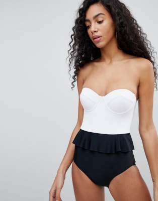 Amy Lynn Frill Waist Strapless Cupped Swimsuit-White