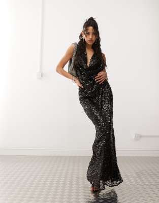 halter neck sequin maxi dress in black