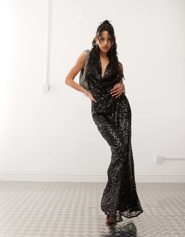 black sparkly halter neck dress Amy Lynn sequin maxi in Prom dress Color:Royal Blue and Black color_#000000 Halloween costume idea? #millennial Back Evening Gown moves