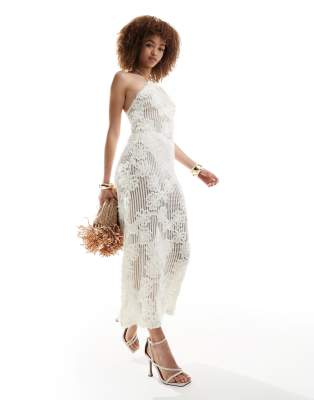 Amy Lynn halterneck floral crochet maxi dress in cream-White