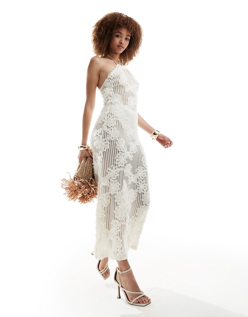 halterneck floral crochet maxi dress in cream-White