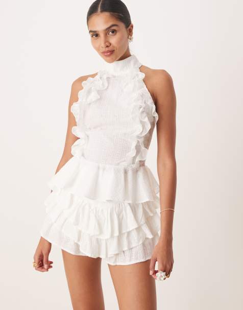 Amy Lynn high neck ruffle peplum top in white broderie