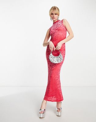 Amy Lynn High Neck Sleeveless Maxi Dress In Hot Pink Animal Burnout In Red