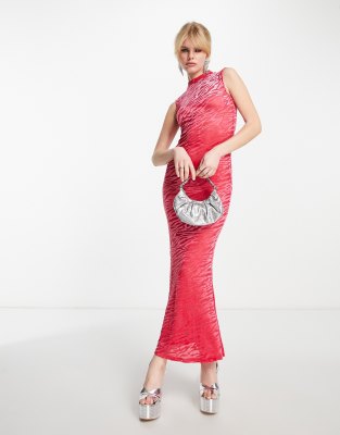 Amy Lynn High Neck Sleeveless Maxi Dress In Hot Pink Animal Burnout In Red