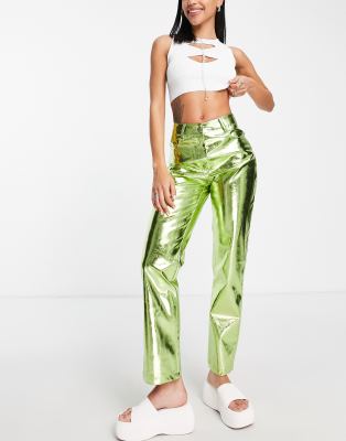 Amy Lynn High Rise Fluid Metallic Pants In Iridescent Green In Green