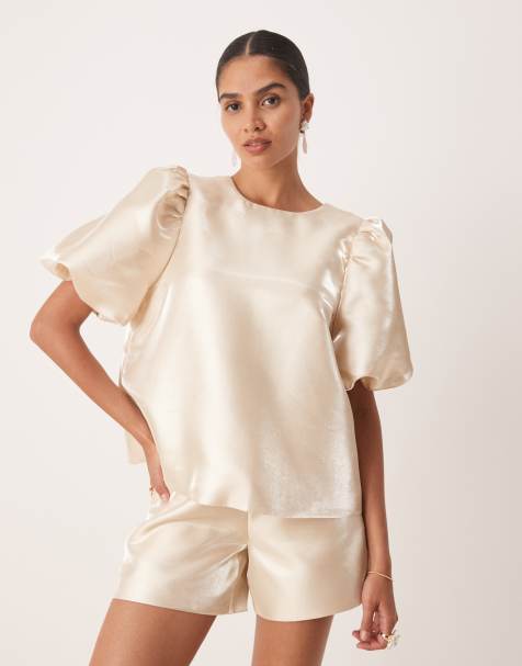 Amy Lynn high shine multiway tie detail smock top co-ord in stone - view 1