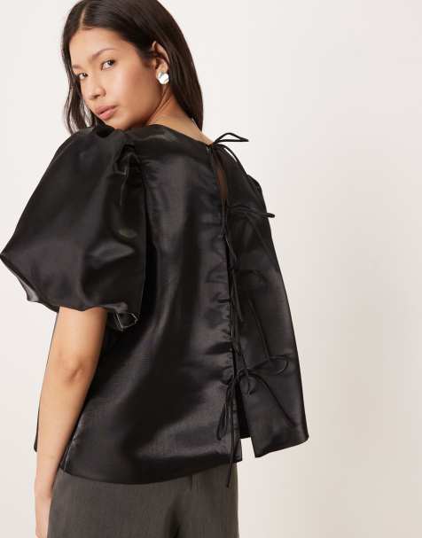 Amy Lynn high shine multiway tie detail smock top in black - view 1