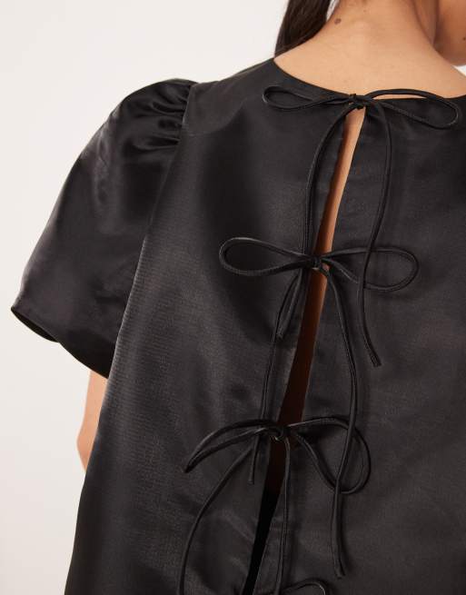 Amy Lynn high shine multiway tie detail smock top in black, 3 of 4