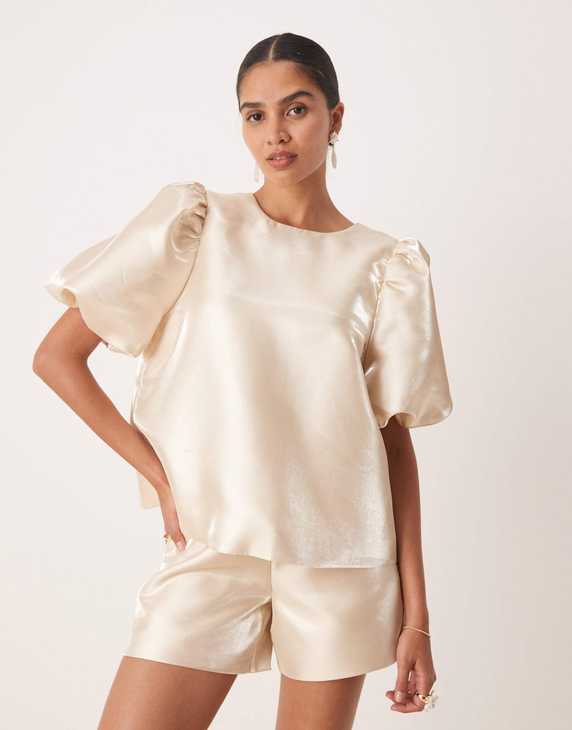 amy lynn high shine multiway tie detail smock top in stone - part of a set