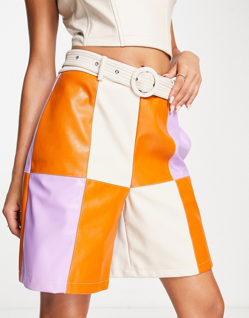 Amy Lynn high waisted belted PU short in multi