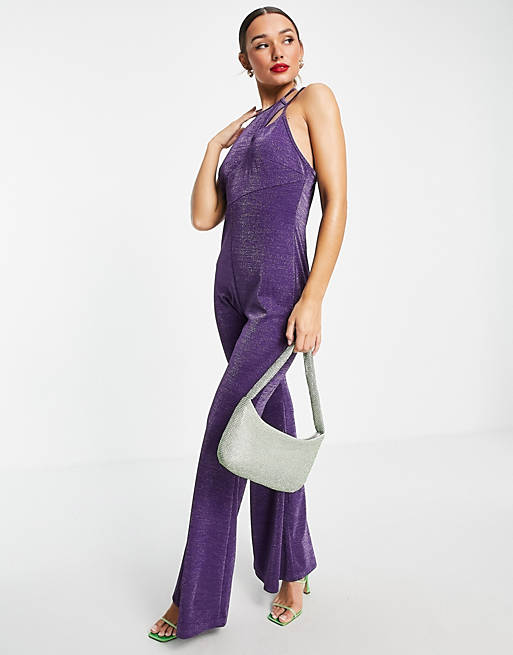 Jumpsuits & Playsuits Amy Lynn jersey jumpsuit with cut outs and halter neck in jewel purple 