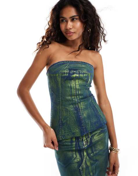Amy Lynn – Johanna – Trägerloses Oberteil aus beschichtetem Denim in foliertem Grün, Kombiteil - view 1