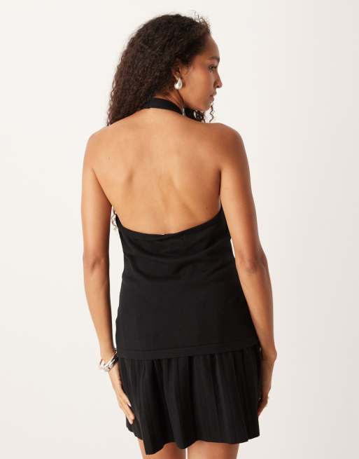 Amy Lynn knitted halterneck top with diamante buttons in black, 2 of 4