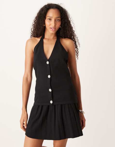 Amy Lynn knitted halterneck top with diamonte buttons in black - view 1