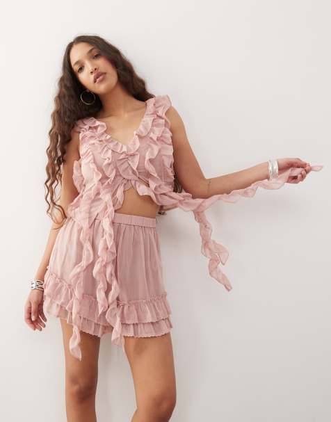 Amy Lynn ruffle detail pleated chiffon crop top co-ord in tawny