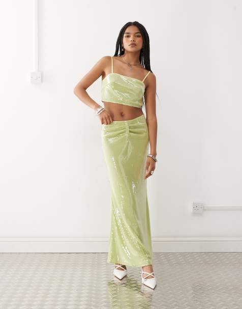 Amy Lynn ruched waist maxi skirt co-ord in lime green sequin