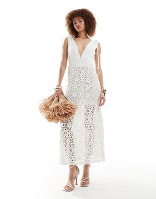 linen maxi dress with crochet skirt in cream-White