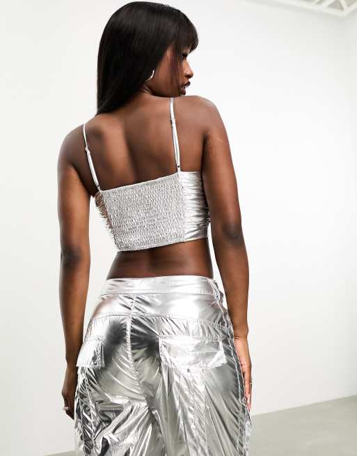 Amy Lynn liquid metallic ruched top in high shine metallic silver co-ord, 2 of 4