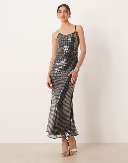 Amy Lynn liquid sequin low back midaxi dress in pewter gray