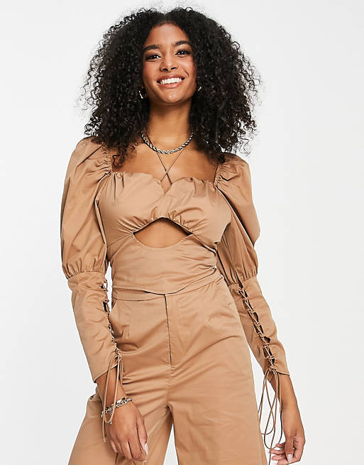 Women Amy Lynn long sleeve milkmaid top with cut out detail in camel co-ord 