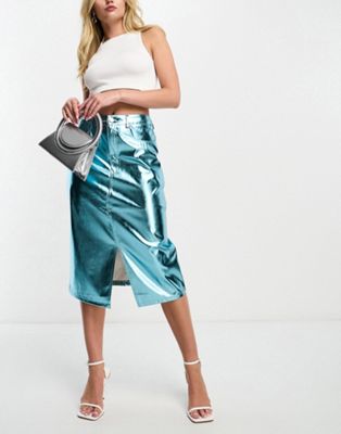Amy Lynn Lupe midi skirt in metallic ice blue