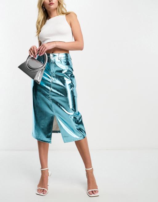 Amy Lynn Lupe midi skirt in metallic ice blue | ASOS