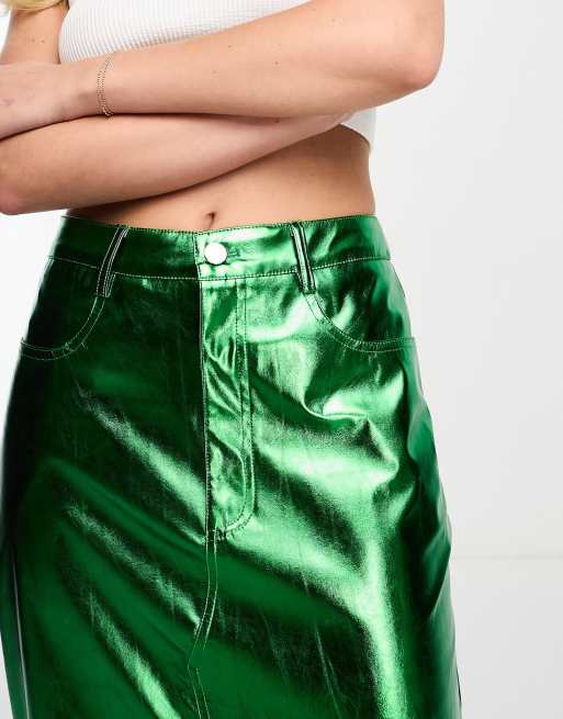 Metallic Faux Leather Midi Skirt