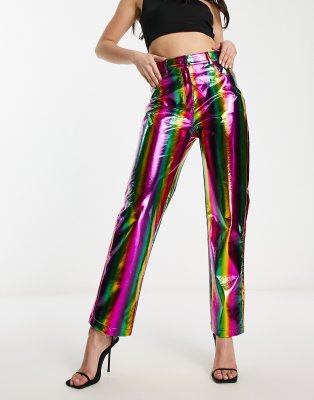 Amy Lynn Womens Multi Rainbow Metallic Straight-leg High-rise Faux Leather Trousers