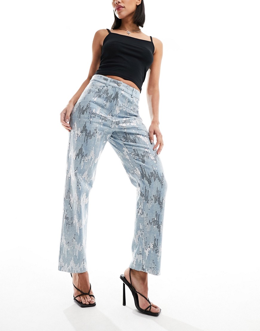 Amy Lynn Lupe Pants In Sequin Embellished Denim Effect-multi