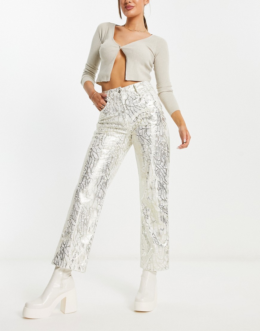 Amy Lynn Lupe trouser in textured metallic silver print