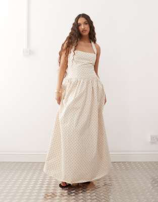 Amy Lynn - Maxikleid in gepunktetem Cremeweiß mit eckigem Ausschnitt und Neckholder