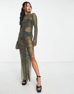 Amy Lynn Meghan maxi dress with abstract lining in gold jewels-Black