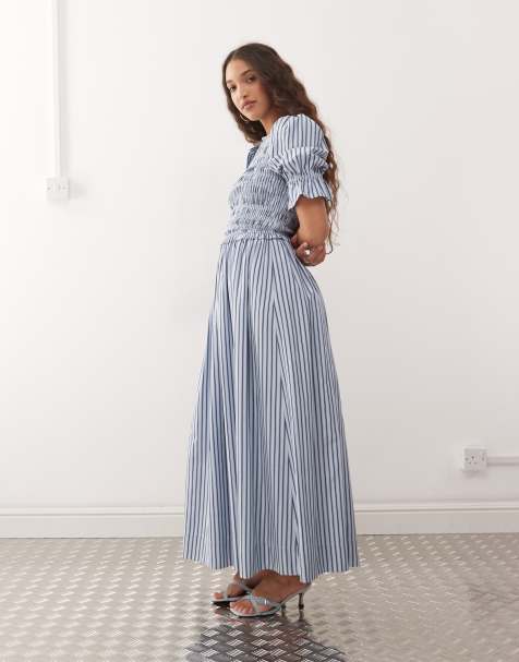 Amy Lynn – Midikleid aus Baumwolle in Blau gestreift mit Puffärmeln - view 1