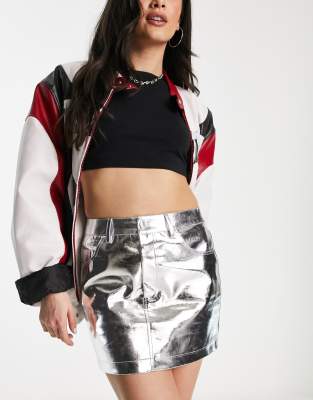 Amy Lynn Milena Lupe Y2k Micro Mini Skirt In Silver Metallic-black In Black