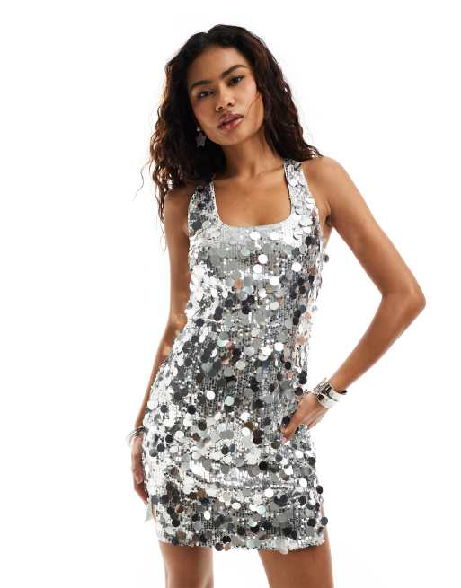 Amy Lynn Oceane racer neck mini dress in silver disc sequin | ASOS