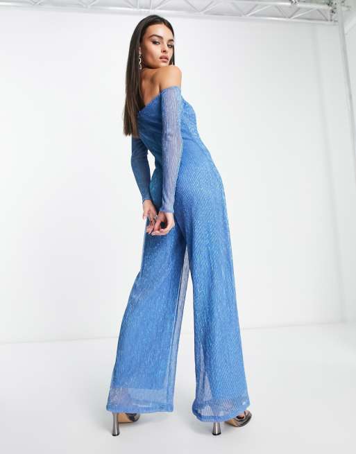 Blue store bardot jumpsuit