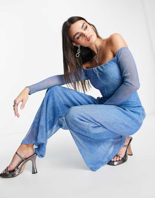 Bright Blue One Shoulder Plisse Wide Leg Jumpsuit