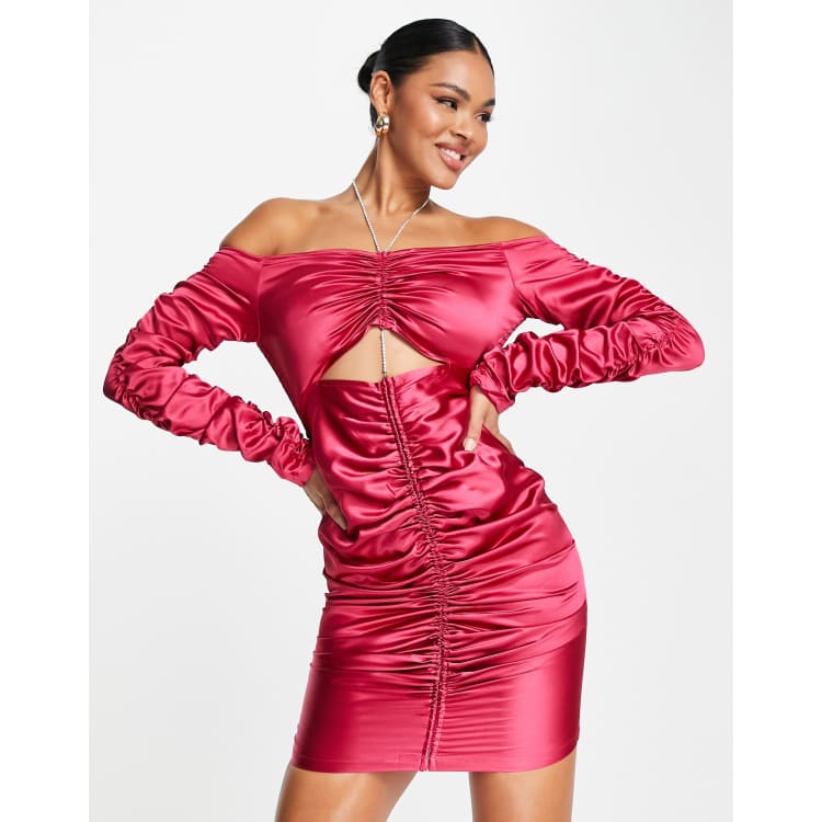 Pink satin 2025 ruched dress