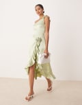 [Amy Lynn] Amy Lynn one shoulder ruffle satin midaxi dress with 3D rose in apple green 10 Apple green