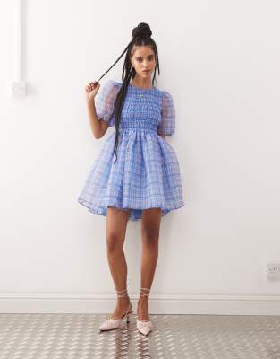 Amy Lynn Amy Lynn organza puffball mini dress with cut out back in purple check-Multi