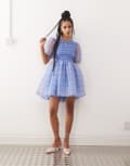 [Amy Lynn] Amy Lynn organza puffball mini dress with cut out back in purple check-Multi 14 Purple Check