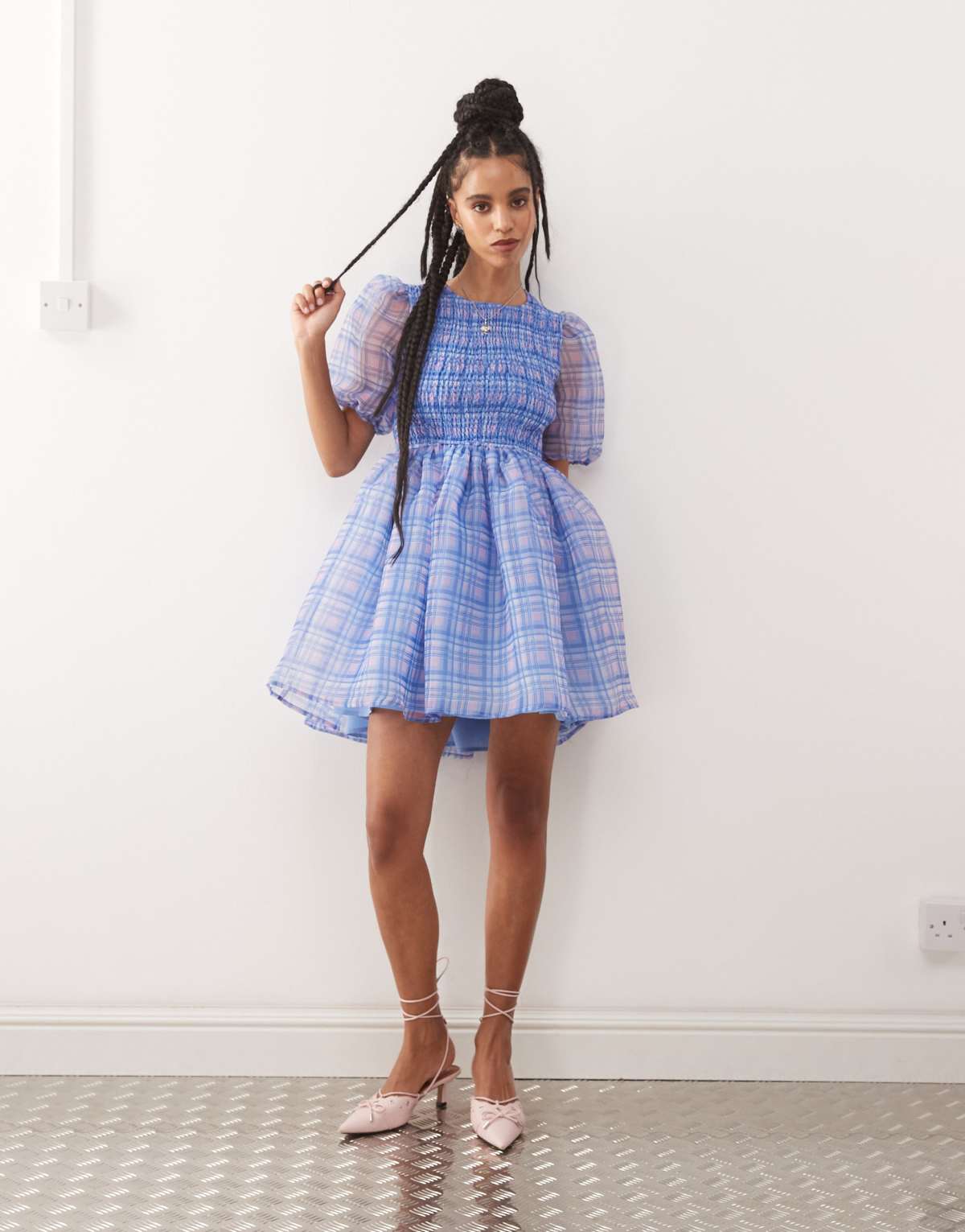 Amy Lynn organza puffball mini dress with cut out back in purple check