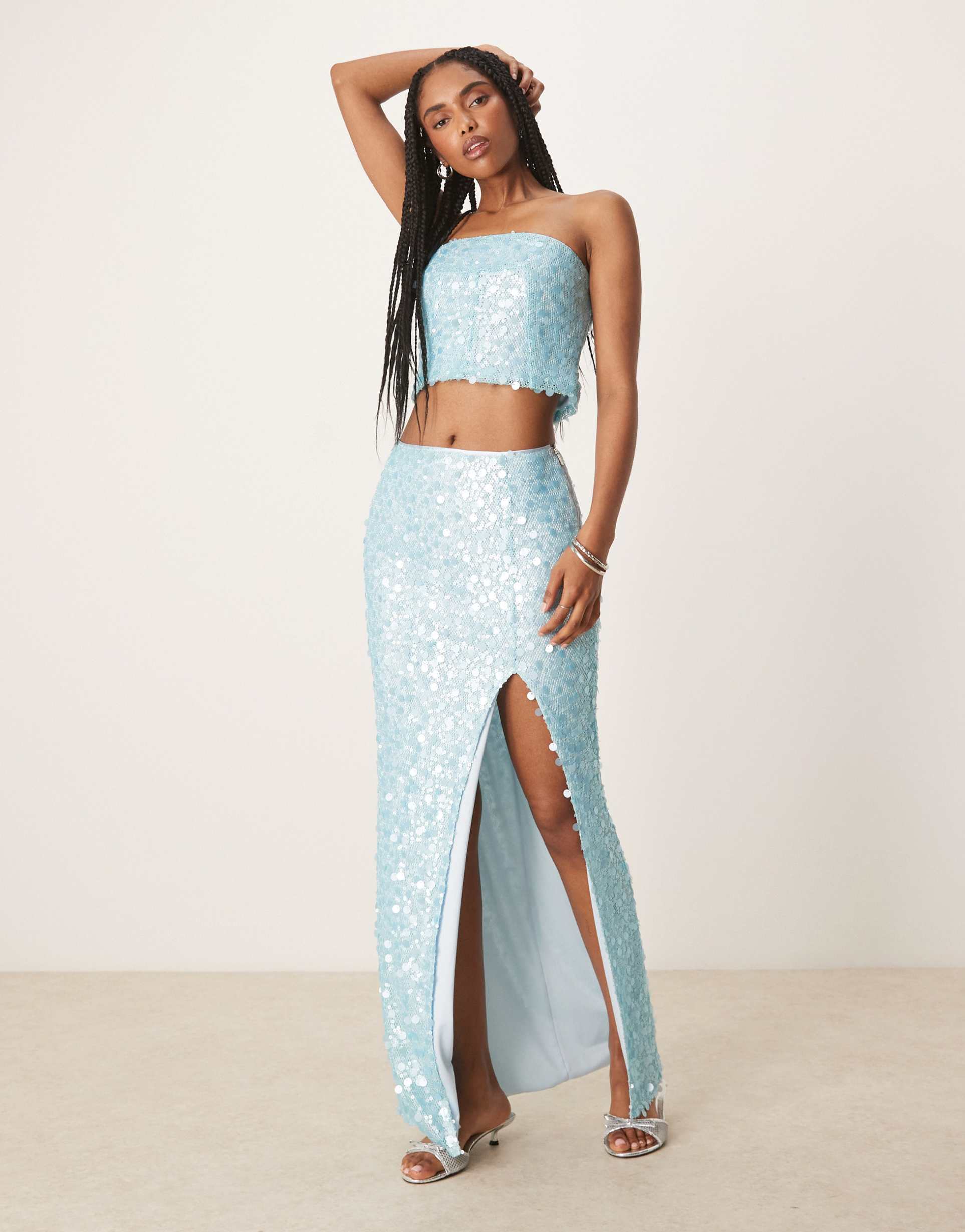 amy lynn paillette sequin maxi skirt in aqua blue - part of a set